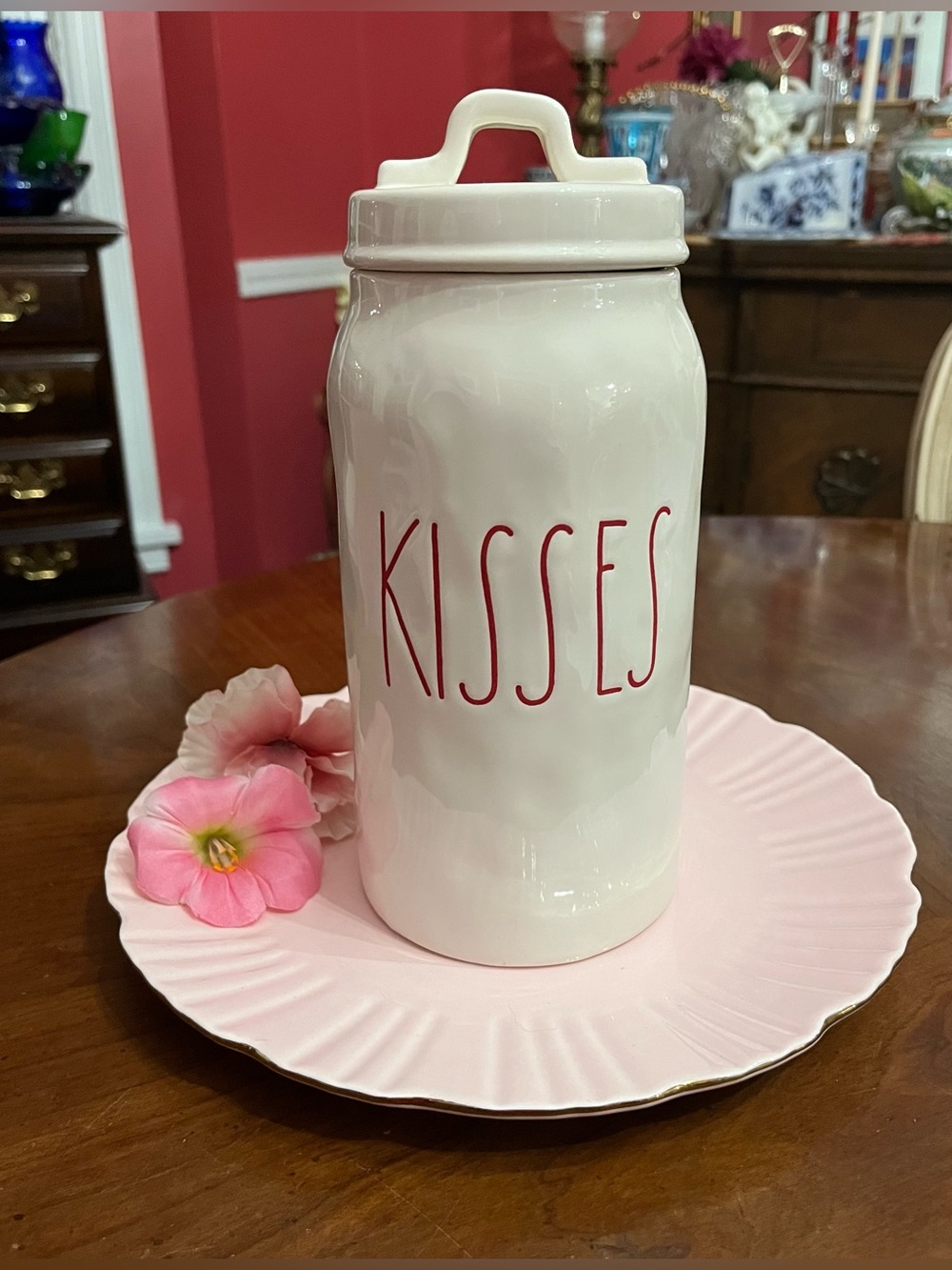 Rae Dunn Magenta KISSES Ceramic Canister Valentine's Day HTF White Red LL Large